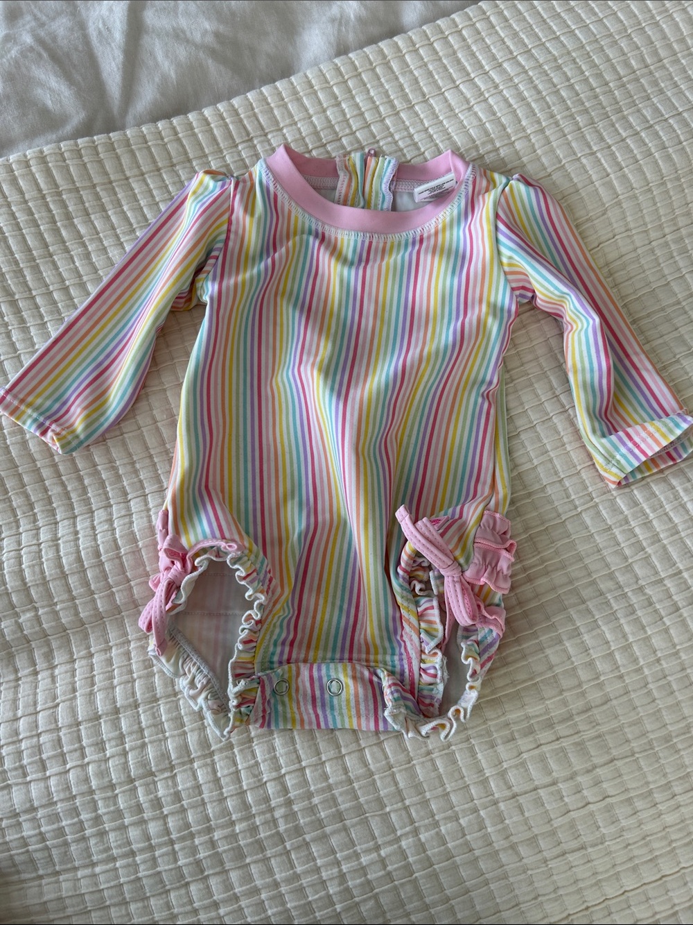 Ruffle Butts Pastel Rainbow Stripe One-Piece with Pink Trim